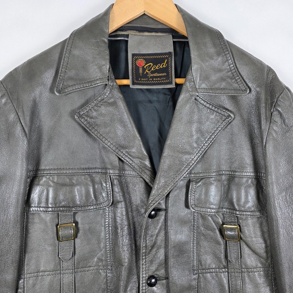 Vintage Reed Sportswear 70s Gray Leather Jacket Coat 40L Cyberpunk Dystopian